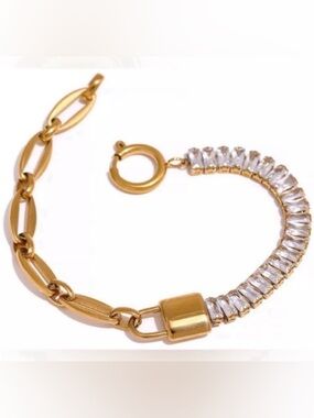 Gold Plated Waterproof Lock Chain Bling Cubic Zirconia Bracelet Sparkly New